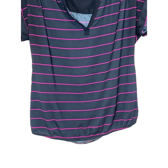Ann Taylor Striped Blouse Size M Navy Pink Elastic Hem Cap Sleeve Top - Picture 7 of 12